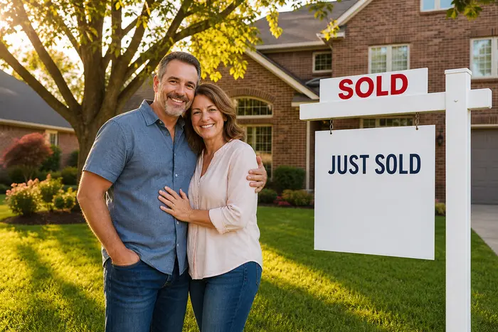 Family and agent celebrating sold home